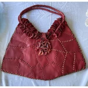 Wabags Genuine Leather Appliqué Flower Tote Handbag Red 3 D Design Shoulder Bag